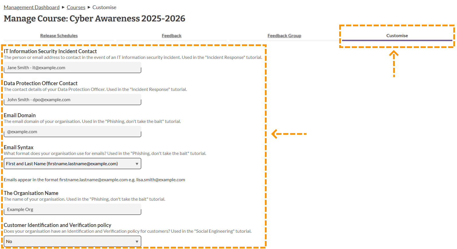 Screenshot of the customise section and course customisations