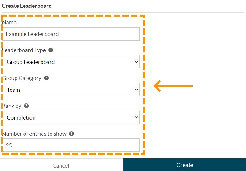 Screenshot of the create leaderboard box