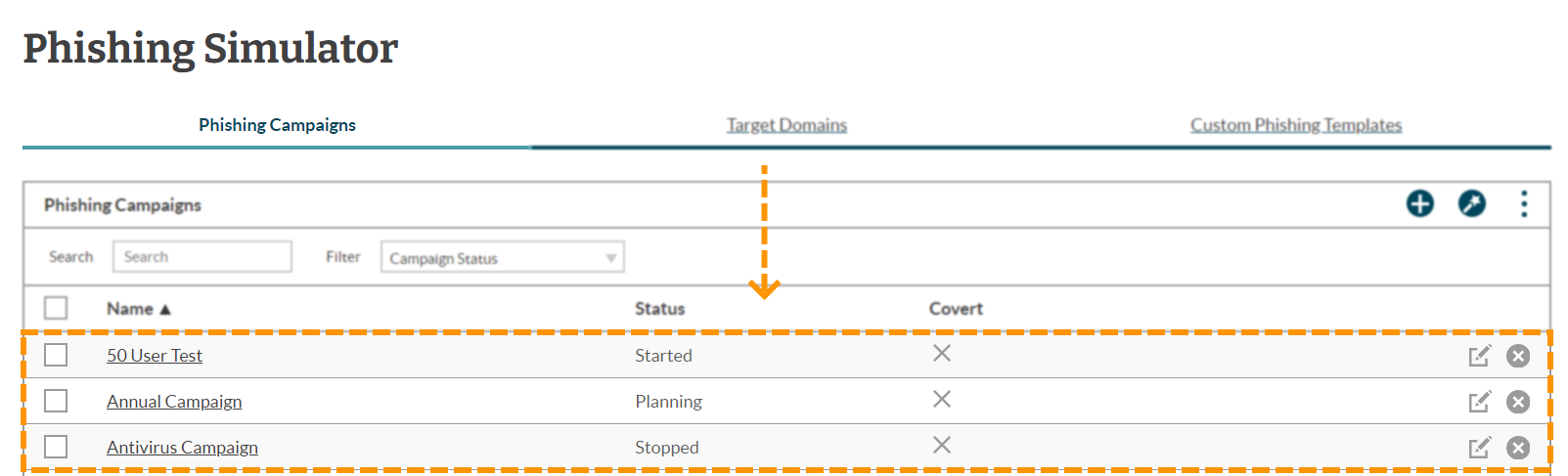 Screenshot of the phishing campaigns