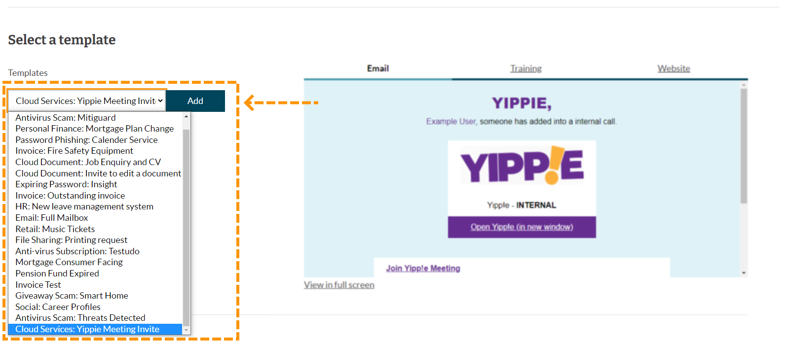 Screenshot of Yipee phishing template