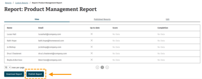 Screenshot of publish report button