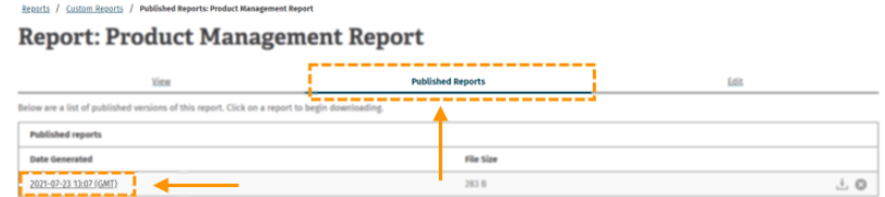 Screenshot of published reports tab