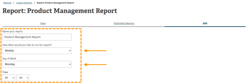 Screenshot of the edit report section