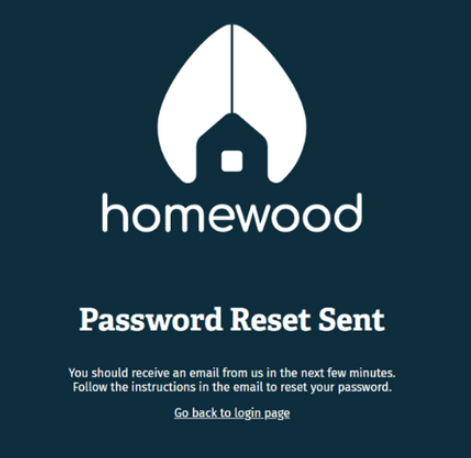 Screenshot of password reset confirmation of being sent
