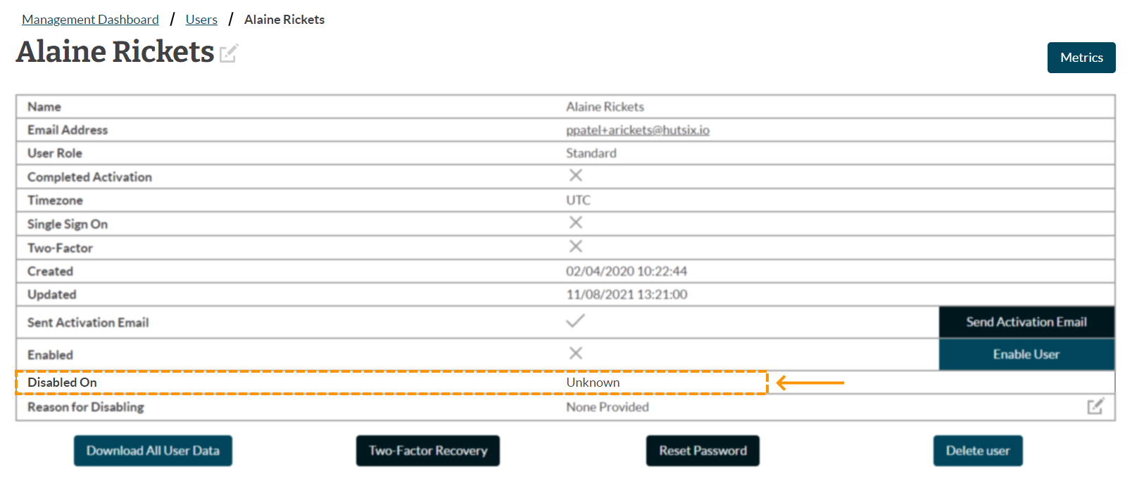 Image to confirm Alaine's account is disabled