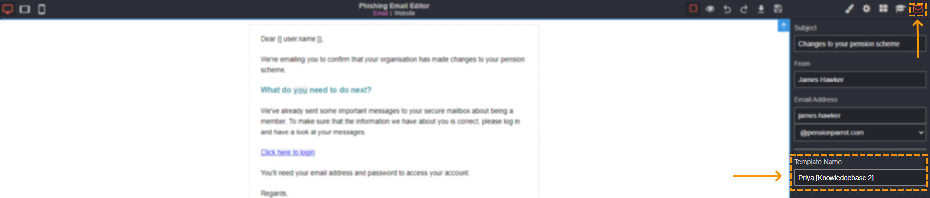 Screenshot to show where the edit email options and template name can be found
