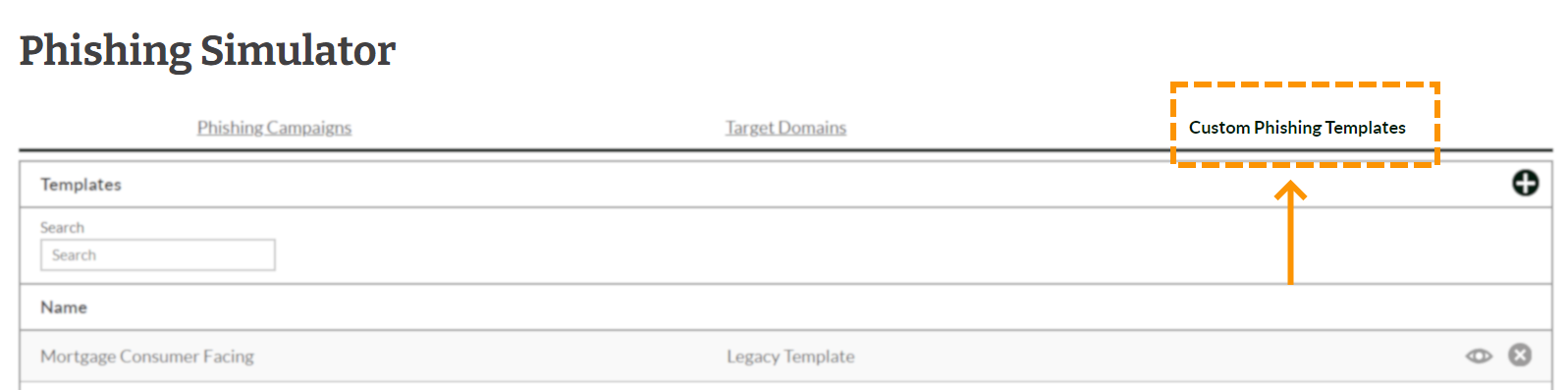 Screenshot of the Custom Phishing Templates Tab