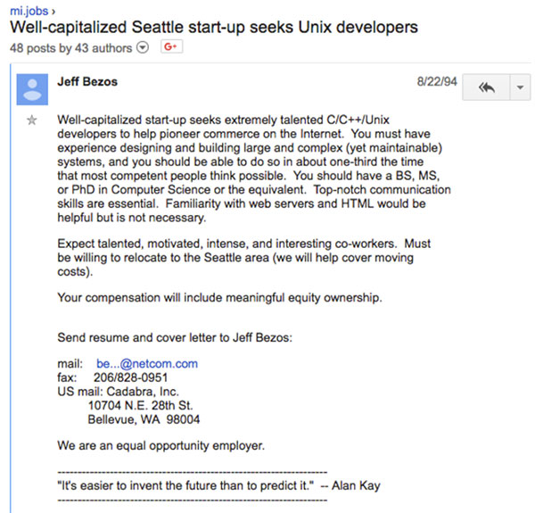 Job specification email written by Jeff Bezos - concise, simple and explicit