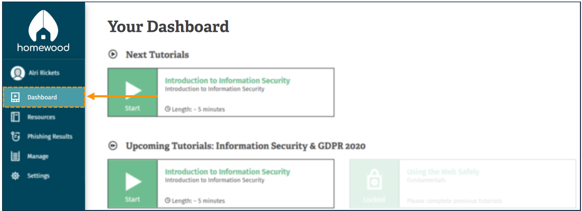 Screenshot of the user dashboard