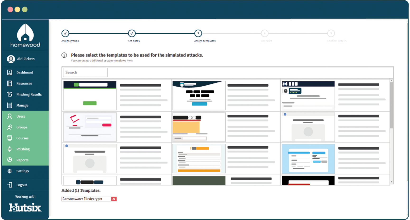 Multiple phishing templates to choose from within the Hut Six platform