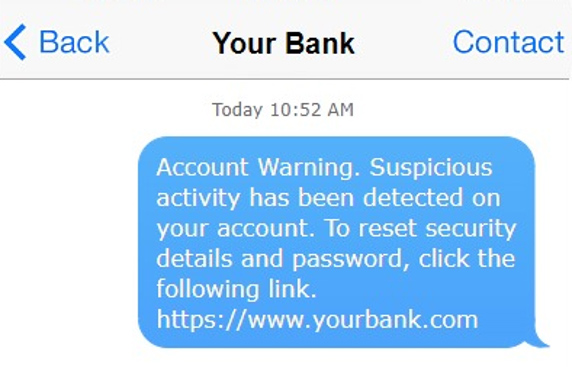Phishing text message reading: Account Warning. Suspicious activity on your bank account