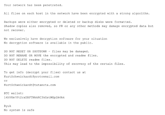 Lockscreen of the Ryuk Ransomware