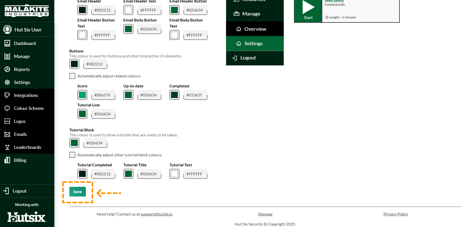 Screenshot to show the save button on the colour scheme page