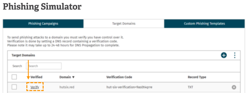 Screenshot of target domain verify button