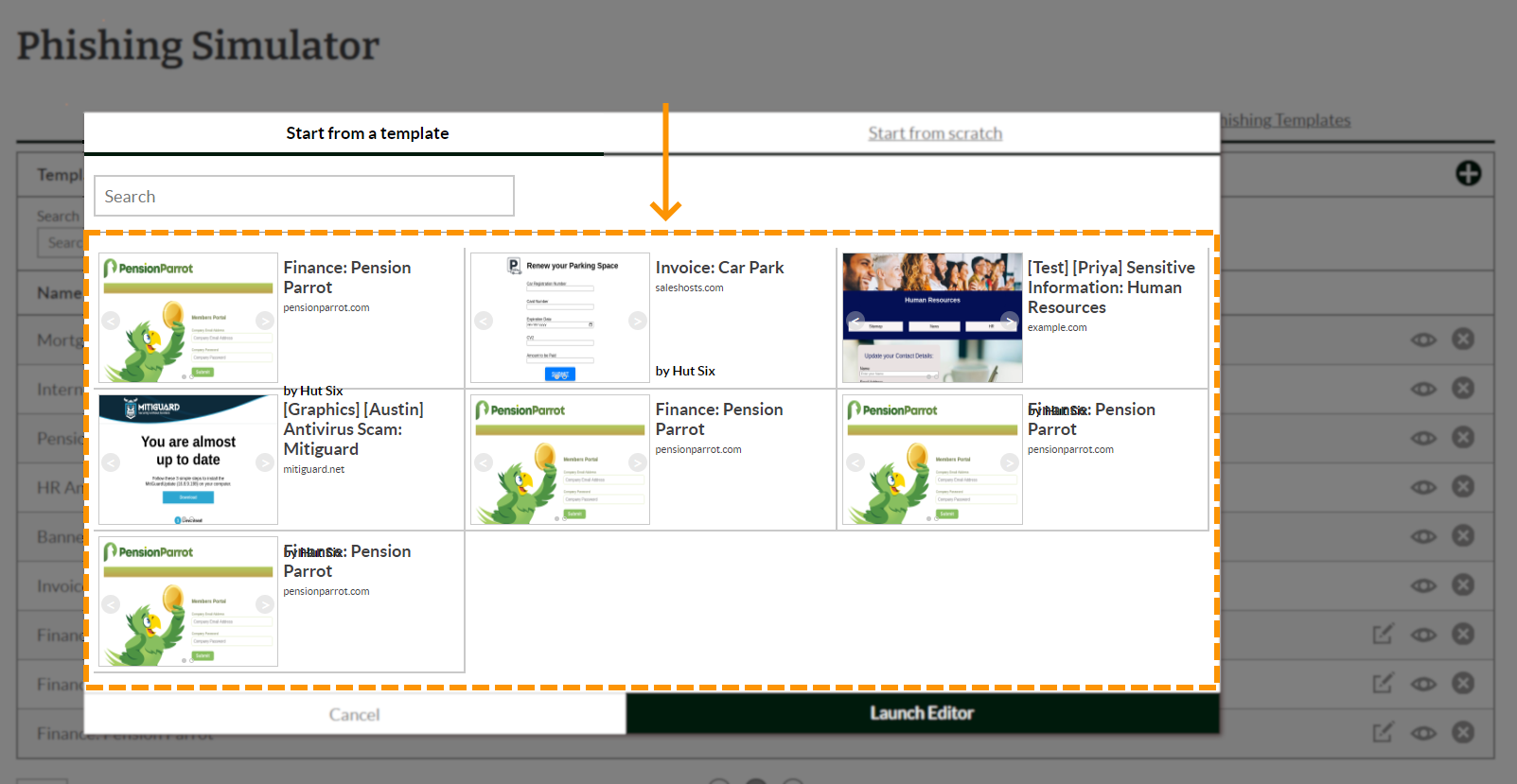 Screenshot of the templates available on the LMS