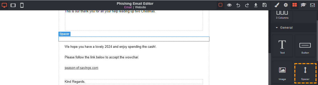 Screenshot to show the spacer icon and how it can be used in an email