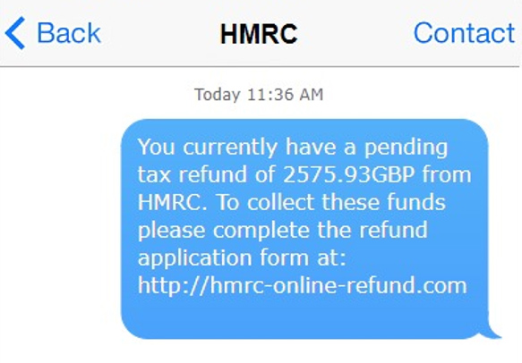Phishing Text Message from HMRC offering a refund
